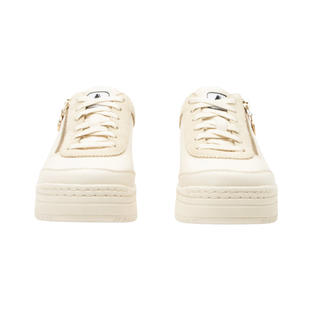 Front View of Women’s Alegria Averie sneaker in cream – featuring a lace-up design, smooth upper, and cushioned removable footbed for a secure and comfortable fit.