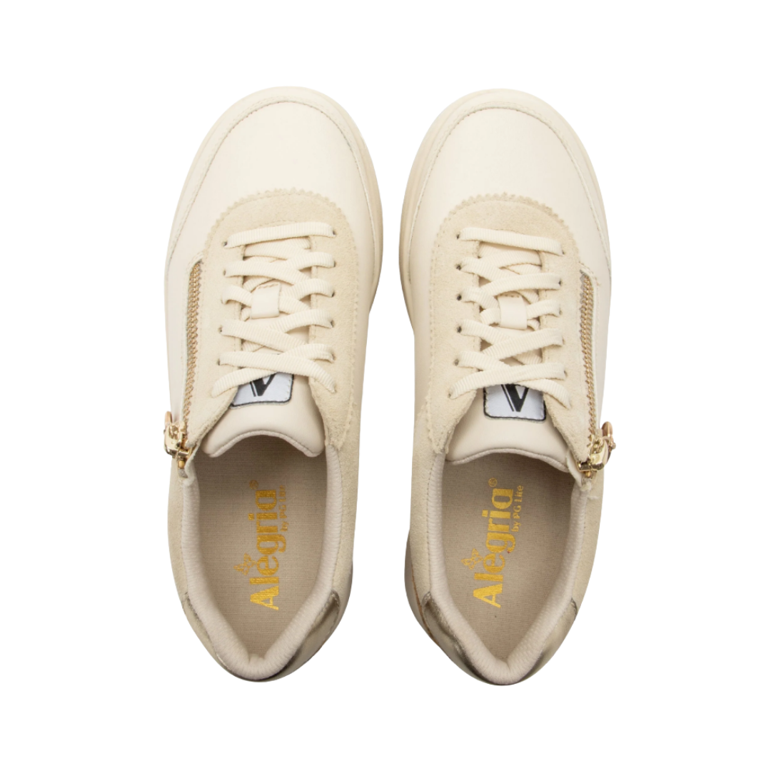 Top View of Women’s Alegria Averie sneaker in cream – featuring a cushioned removable footbed, smooth upper, and lace-up design for a secure fit.