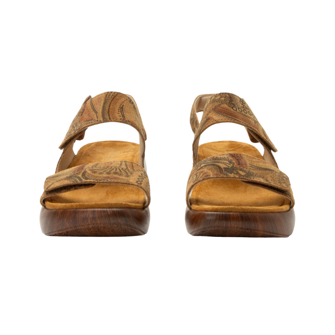 Front View of Women’s Alegria Bailee sandal in folkie brown – featuring an open-toe design, adjustable hook-and-loop straps, and cushioned cork footbed for a secure and comfortable fit.