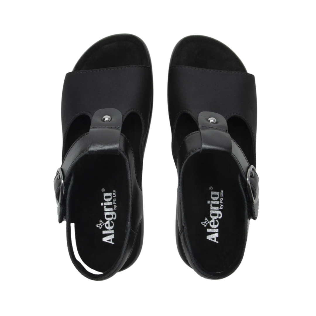 Top View of Women’s Alegria Betsie Stretch shoe in nightly black – featuring a cushioned removable footbed, stretch fabric upper, and slip-on design for easy wear.