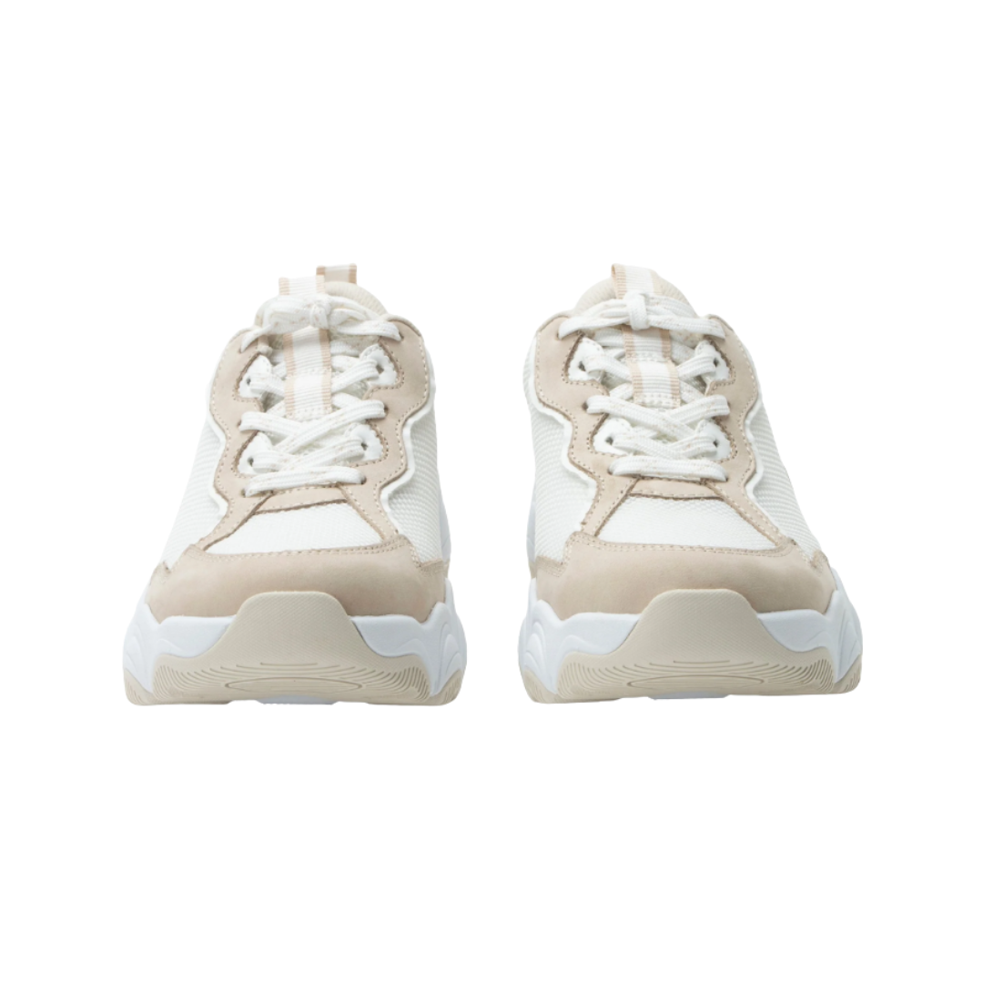 Front View of Women’s Alegria Boom Joy sneaker in ecru – featuring a lace-up design, breathable upper, and cushioned removable footbed for a secure and comfortable fit.