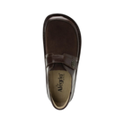 Top View of Women’s Alegria Brenna loafer in oiled brown – featuring a cushioned cork and memory foam footbed, smooth leather upper, and slip-on design for easy wear.