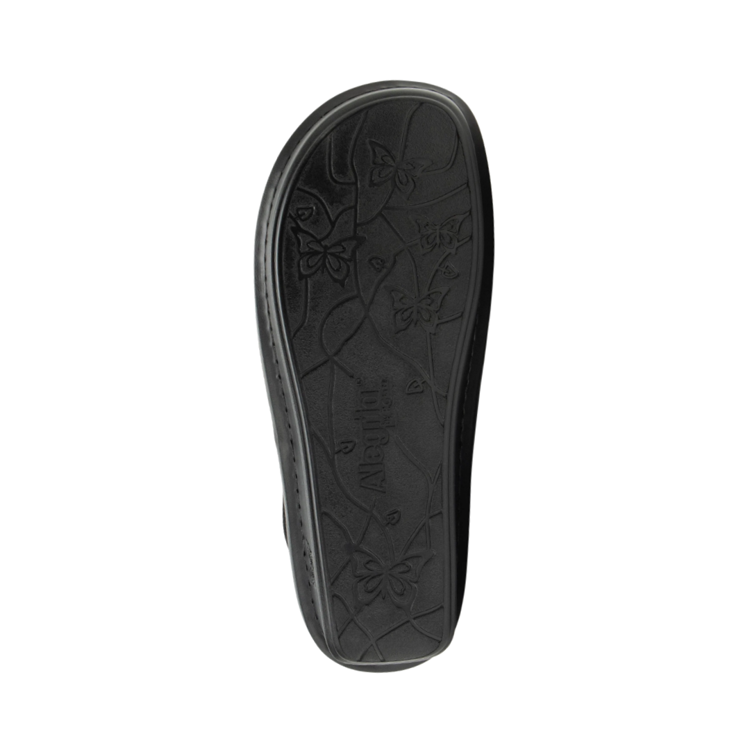 Bottom View of Women’s Alegria Caiti boot in upgrade black – featuring a slip-resistant patterned outsole, durable tread design, and lightweight construction for secure footing.