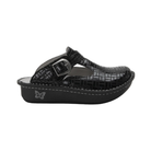 Side View of Women’s Alegria Classic clog in Score – featuring a mild rocker outsole that promotes better posture and reduces foot fatigue, a raised heel for improved alignment, and a glossy leather upper with detailed stitching for structure and support.