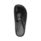 Top View of Women’s Alegria Classic clog in Score – featuring a wide, roomy toe box for natural toe movement, a removable cushioned footbed designed for arch and heel support, and a glossy black geometric-patterned leather upper that is easy to clean and ideal for everyday or professional wear.