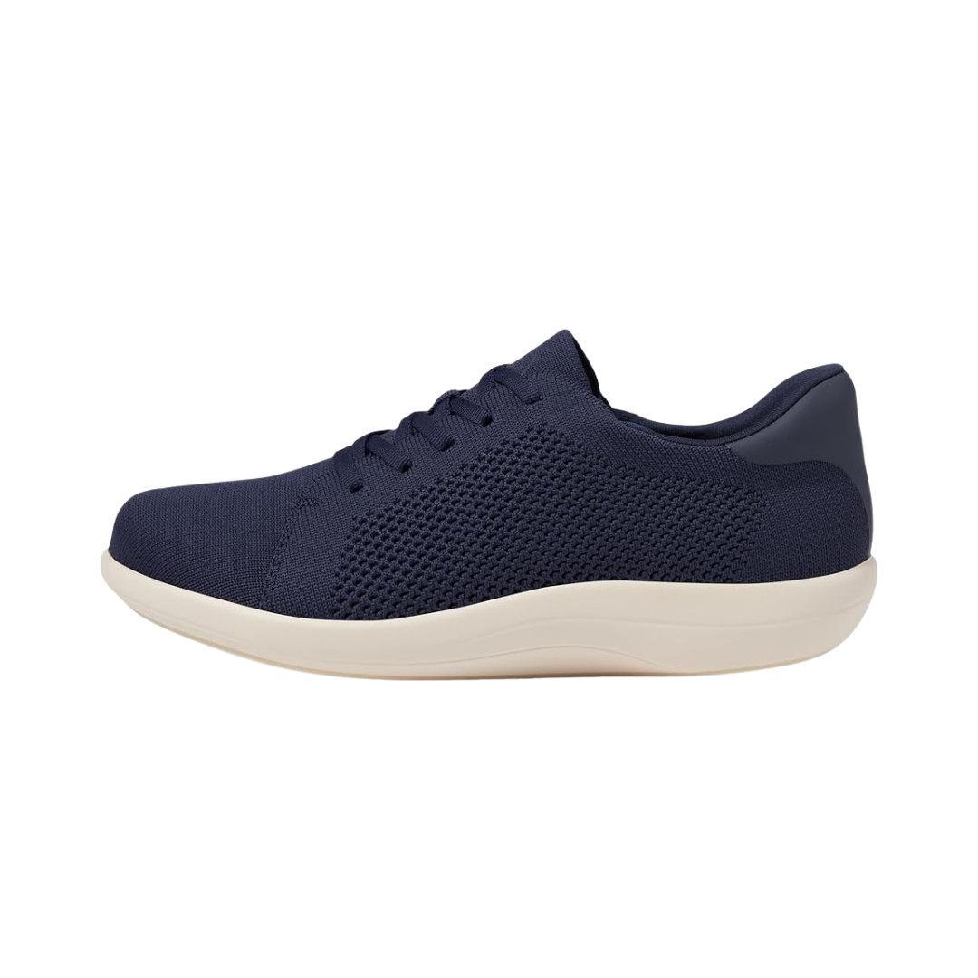 Side View of Women’s Alegria Dandie sneaker in navy – featuring a cushioned removable footbed, lace-up design, and slip-resistant outsole for everyday wear.