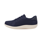 Side View of Women’s Alegria Dandie sneaker in navy – featuring a cushioned removable footbed, lace-up design, and slip-resistant outsole for everyday wear.