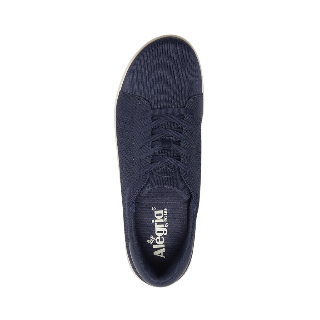 Top View of Women’s Alegria Dandie sneaker in navy – featuring a cushioned removable footbed, breathable upper, and lace-up design for a secure fit.
