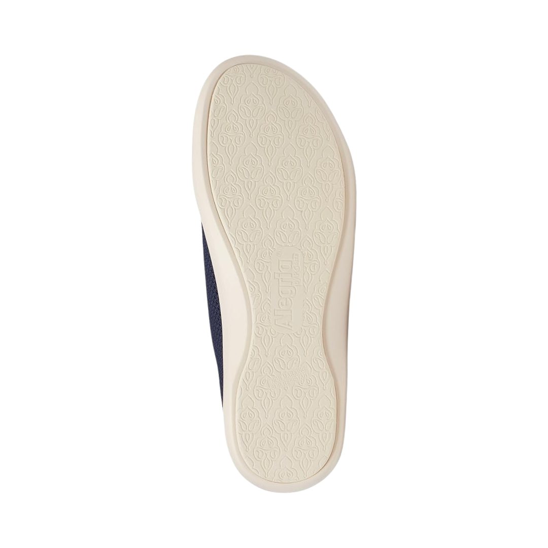 Bottom View of Women’s Alegria Dandie sneaker in navy – featuring a slip-resistant patterned outsole, durable tread design, and lightweight construction for active comfort.