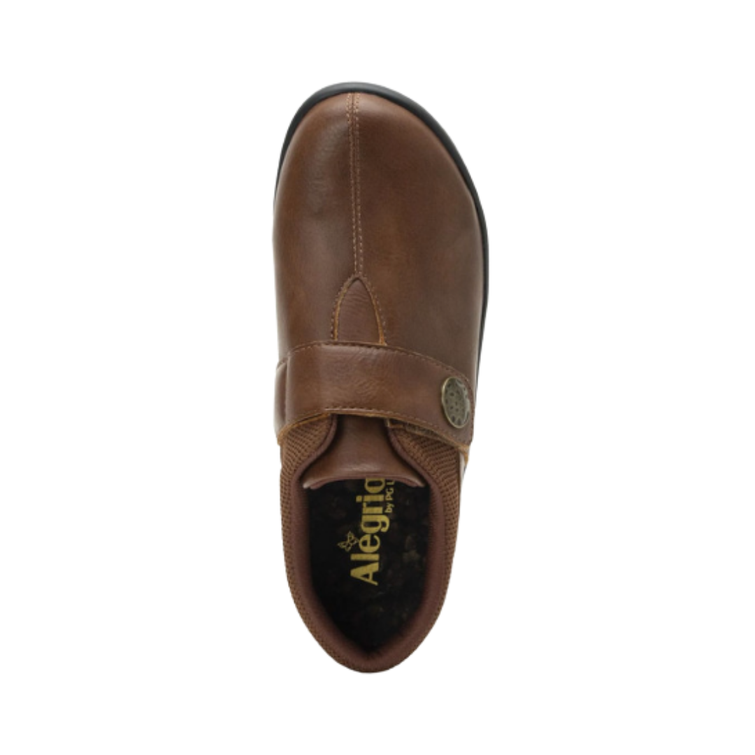 Top View of Women’s Alegria Danni loafer in saddle brown – featuring a cushioned footbed, smooth leather upper, and slip-on design for easy wear.