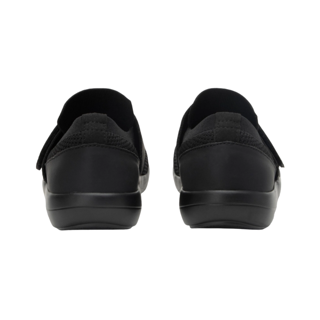 Back View of Women’s Alegria Dasher sneaker in Black Out – featuring a cushioned removable footbed, supportive heel counter, and slip-resistant outsole for lasting comfort.