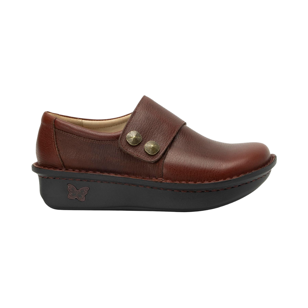 Side View of Women’s Alegria Delilah shoe in chestnut – featuring a cushioned removable footbed, slip-on design, and slip-resistant outsole for everyday comfort.