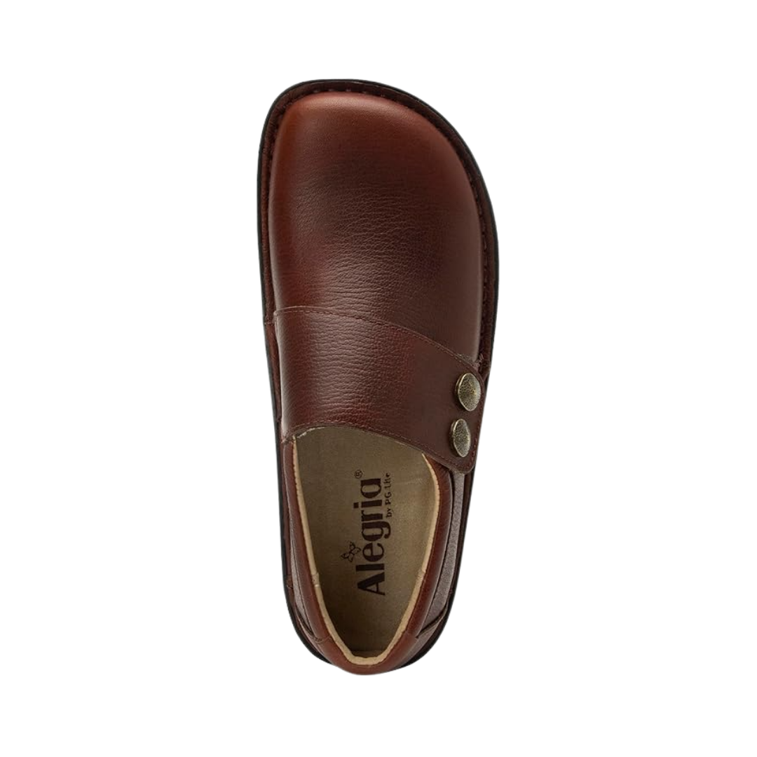 Top View of Women’s Alegria Delilah shoe in chestnut – featuring a cushioned removable footbed, smooth leather upper, and slip-on design for easy wear.