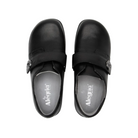 Top View of Women’s Alegria Joleen Work shoe in Upgrade Black – featuring a spacious toe box that helps reduce foot fatigue and supports natural toe spread, a cushioned and removable footbed for customizable comfort, and a smooth, easy-to-clean leather upper for workplace practicality.