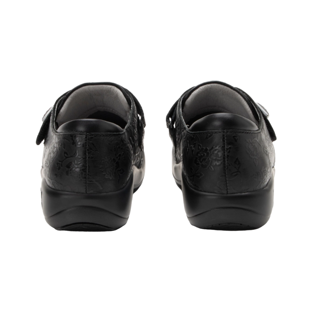 Back View of Women’s Alegria Joleen shoe in Class Act black – featuring a cushioned removable footbed, supportive heel counter, and slip-resistant outsole for all-day wear.