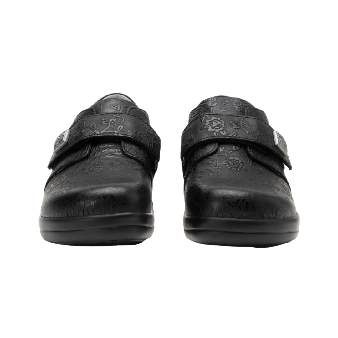 Front View of Women’s Alegria Joleen shoe in Class Act black – featuring a rounded toe design, smooth leather upper, and cushioned removable footbed for professional comfort.