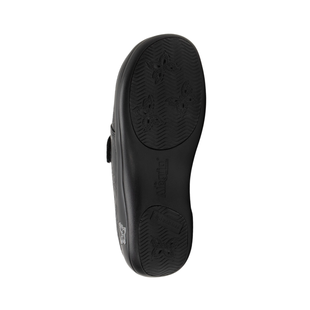 Bottom View of Women’s Alegria Joleen shoe in Class Act black – featuring a slip-resistant patterned outsole, durable tread design, and lightweight construction for secure footing.
