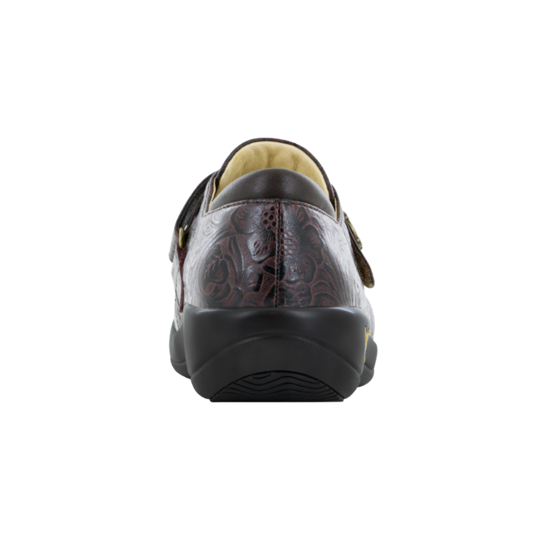 Back View of Women’s Alegria Joleen shoe in molasses tooled brown – featuring a cushioned removable footbed, supportive heel counter, and slip-resistant outsole for all-day wear.