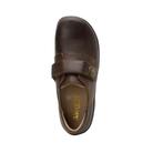 Top View of Women’s Alegria Joleen shoe in oiled brown – featuring a cushioned removable footbed, smooth leather upper, and adjustable hook-and-loop strap for a secure fit.