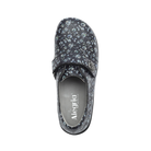 Top View of Women’s Alegria Joleen shoe in Work Pretty print – featuring a cushioned removable footbed, printed leather upper, and adjustable hook-and-loop strap for a secure fit.