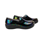 Side View of Women’s Alegria Keli Slickery Patent slip-on shoe in black patent leather – featuring double elastic gores for flexible fit, slip-resistant outsole for stability, and lightweight rocker bottom for natural walking motion.