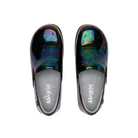Top View of Women’s Alegria Keli Slickery Patent slip-on shoe in black patent leather – featuring a stain-resistant glossy patent upper, cushioned removable footbed, and spacious rounded toe box for extra comfort.