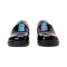 Front View of Women’s Alegria Keli Slickery Patent slip-on shoe in black patent leather – featuring high-shine black patent finish, dual elastic side panels for easy movement, and a cushioned footbed for all-day comfort.