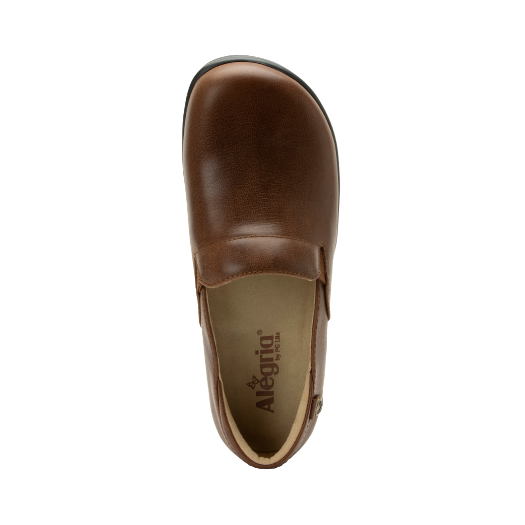 Top View of Women’s Alegria Keli shoe in walnut brown – featuring a cushioned removable footbed, smooth leather upper, and slip-on design for easy wear.