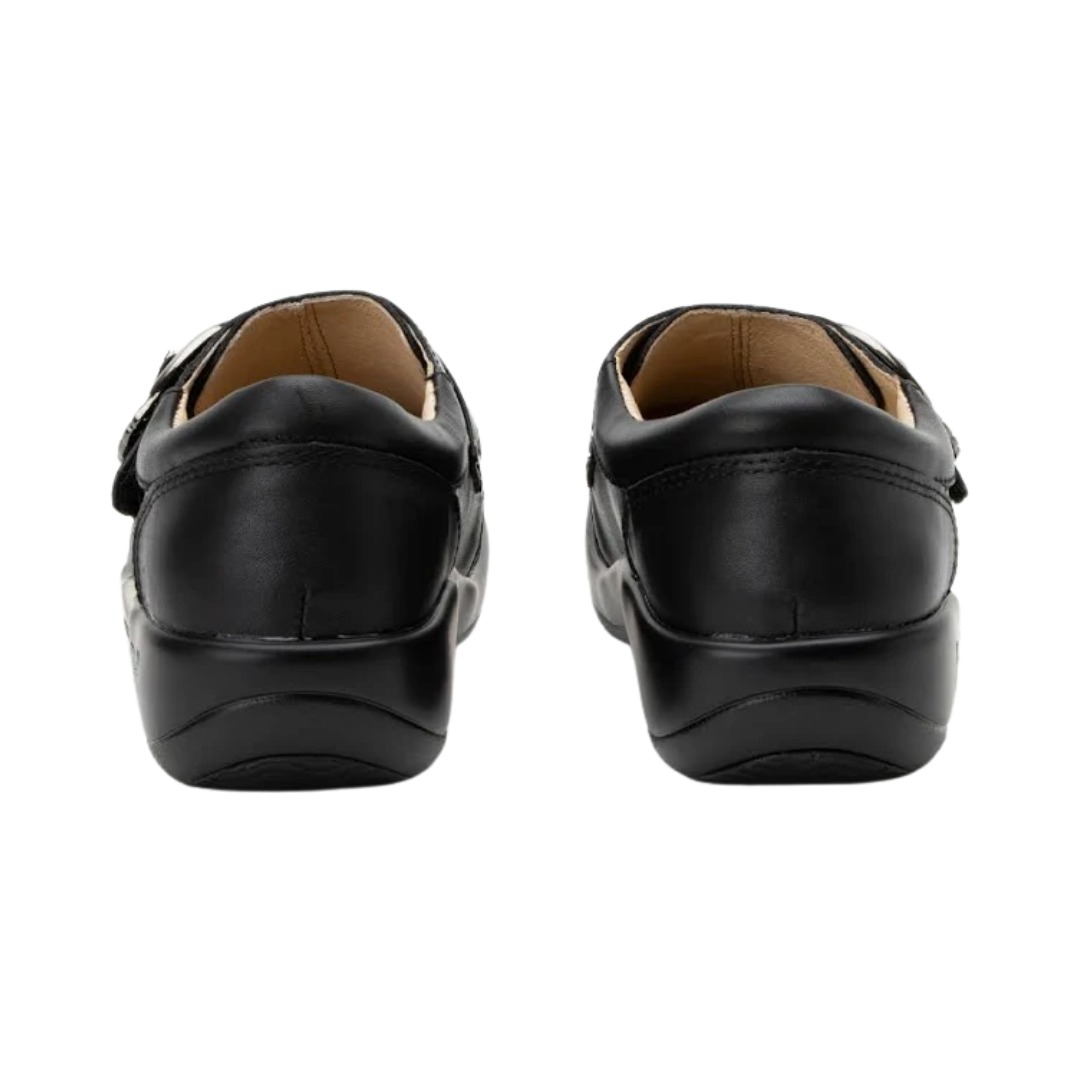 Back View of Women’s Alegria Khloe shoe in black nappa – featuring a cushioned removable footbed, supportive heel counter, and slip-resistant outsole for all-day wear.