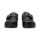 Front View of Women’s Alegria Khloe shoe in black nappa – featuring a rounded toe design, smooth leather upper, and cushioned removable footbed for a secure and comfortable fit.