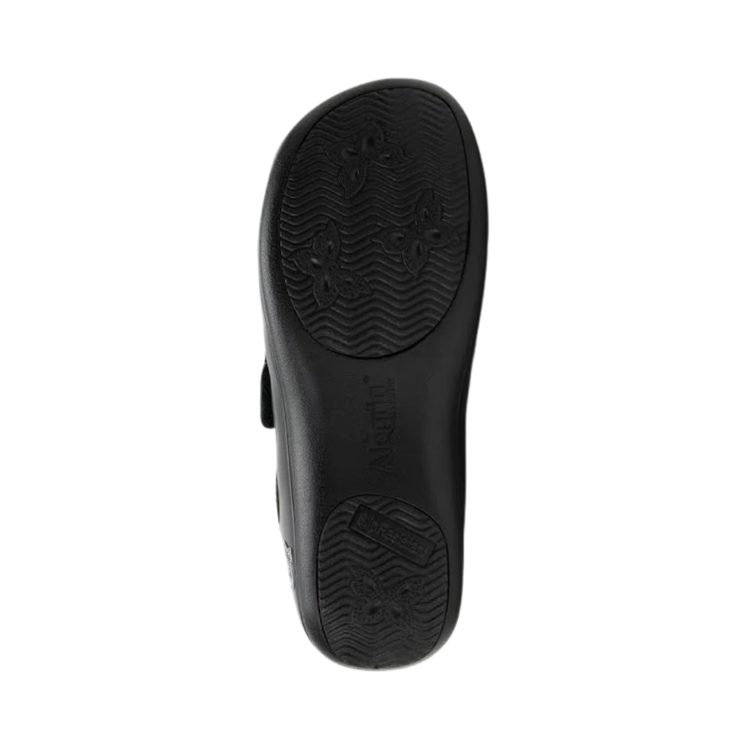 Bottom View of Women’s Alegria Khloe shoe in black nappa – featuring a slip-resistant patterned outsole, durable tread design, and lightweight construction for secure footing.