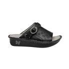 Side View of Women’s Alegria Klover shoe in black butter – featuring a cushioned cork and memory foam footbed, adjustable hook-and-loop strap, and slip-resistant outsole for all-day comfort.