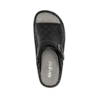 Top View of Women’s Alegria Klover shoe in black butter – featuring a cushioned cork and memory foam footbed, smooth leather upper, and adjustable hook-and-loop strap for a secure fit.