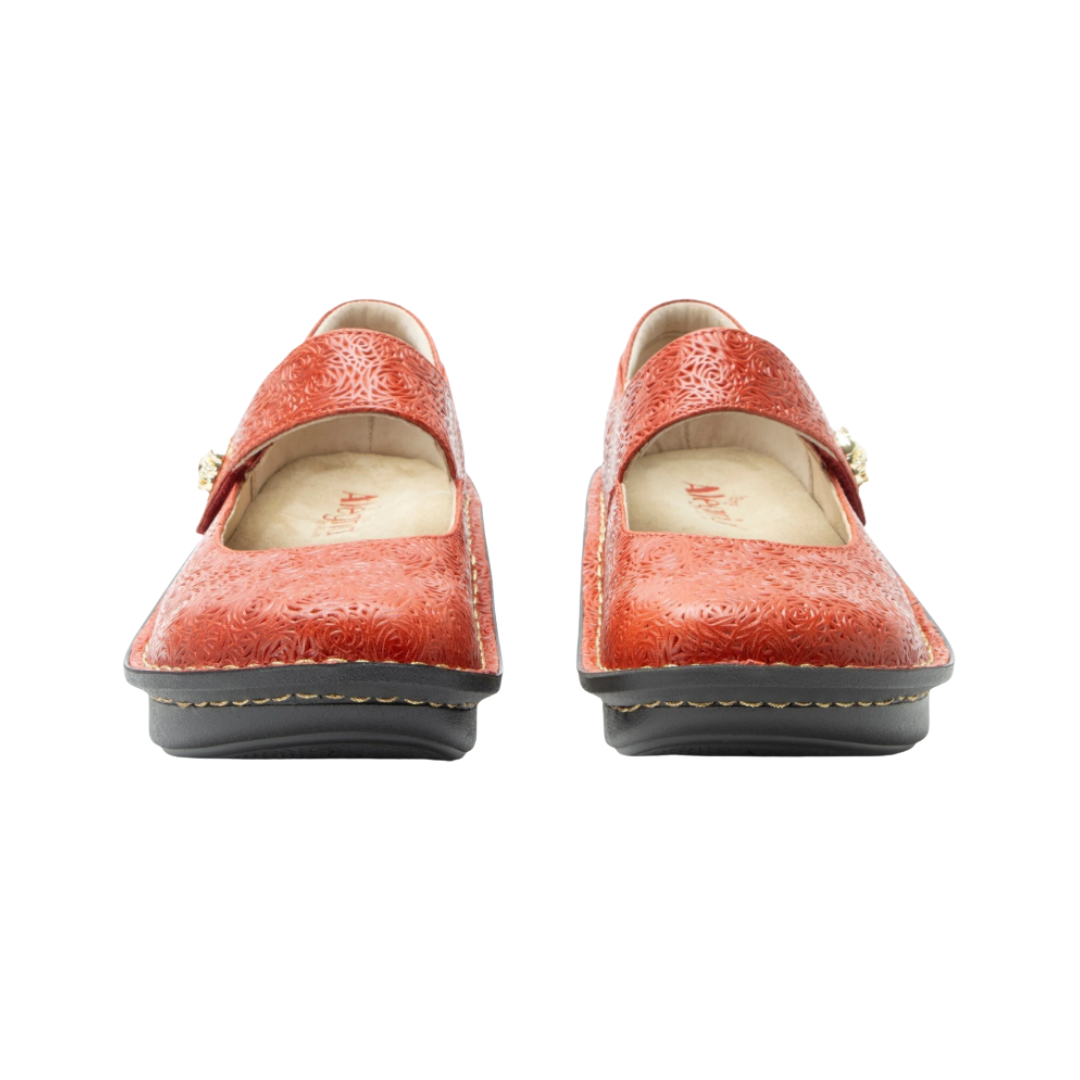 Front View of Women’s Alegria Paloma Mary Jane shoe in coralita multi – featuring a rounded toe design, adjustable hook-and-loop strap, and cushioned cork and memory foam footbed for a secure and comfortable fit.