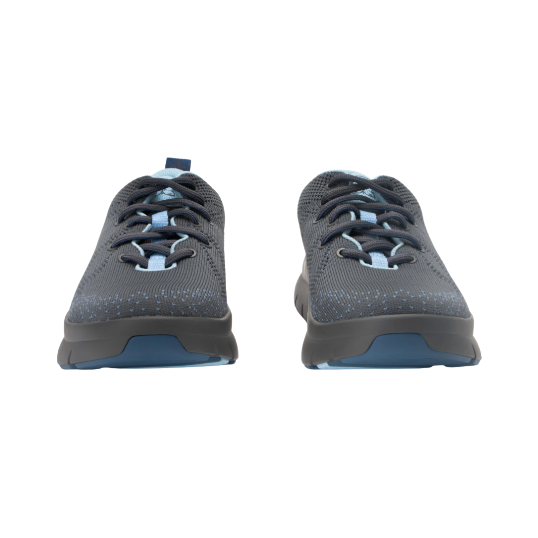 Front View of Women’s Alegria Roll On sneaker in blue whisper – featuring a rounded toe design, breathable mesh upper, and cushioned removable footbed for a secure and comfortable fit.