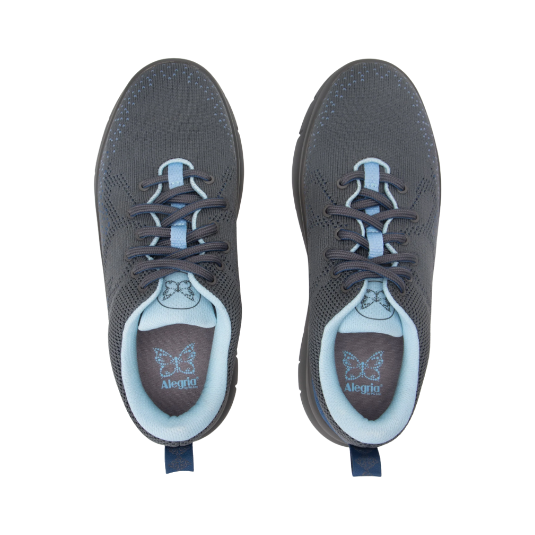 Top View of Women’s Alegria Roll On sneaker in blue whisper – featuring a cushioned removable footbed, breathable mesh upper, and slip-on design for easy wear.