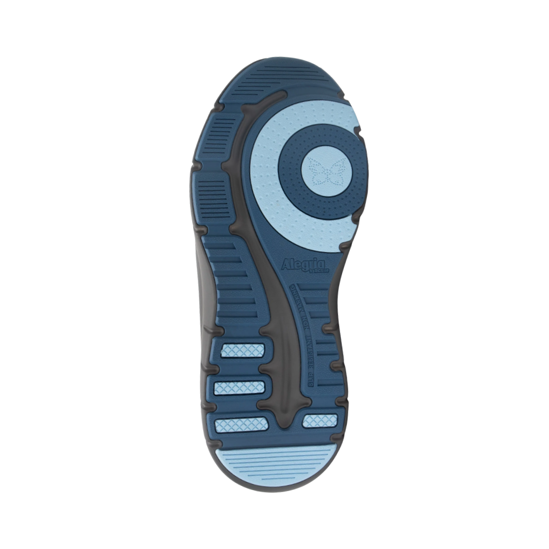 Bottom View of Women’s Alegria Roll On sneaker in blue whisper – featuring a slip-resistant patterned outsole, durable tread design, and lightweight construction for active comfort.