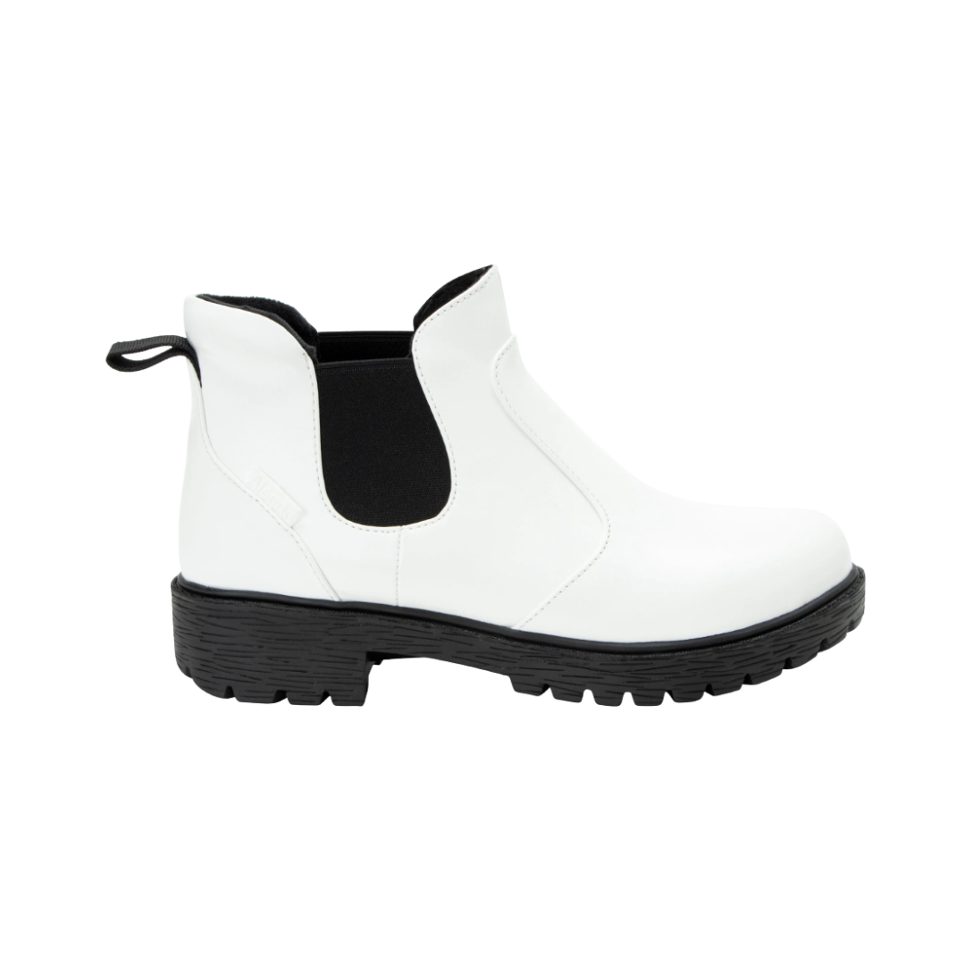 Side View of Women’s Alegria Rowan boot in white – featuring a cushioned removable footbed, side zipper closure, and slip-resistant outsole for all-day stability.