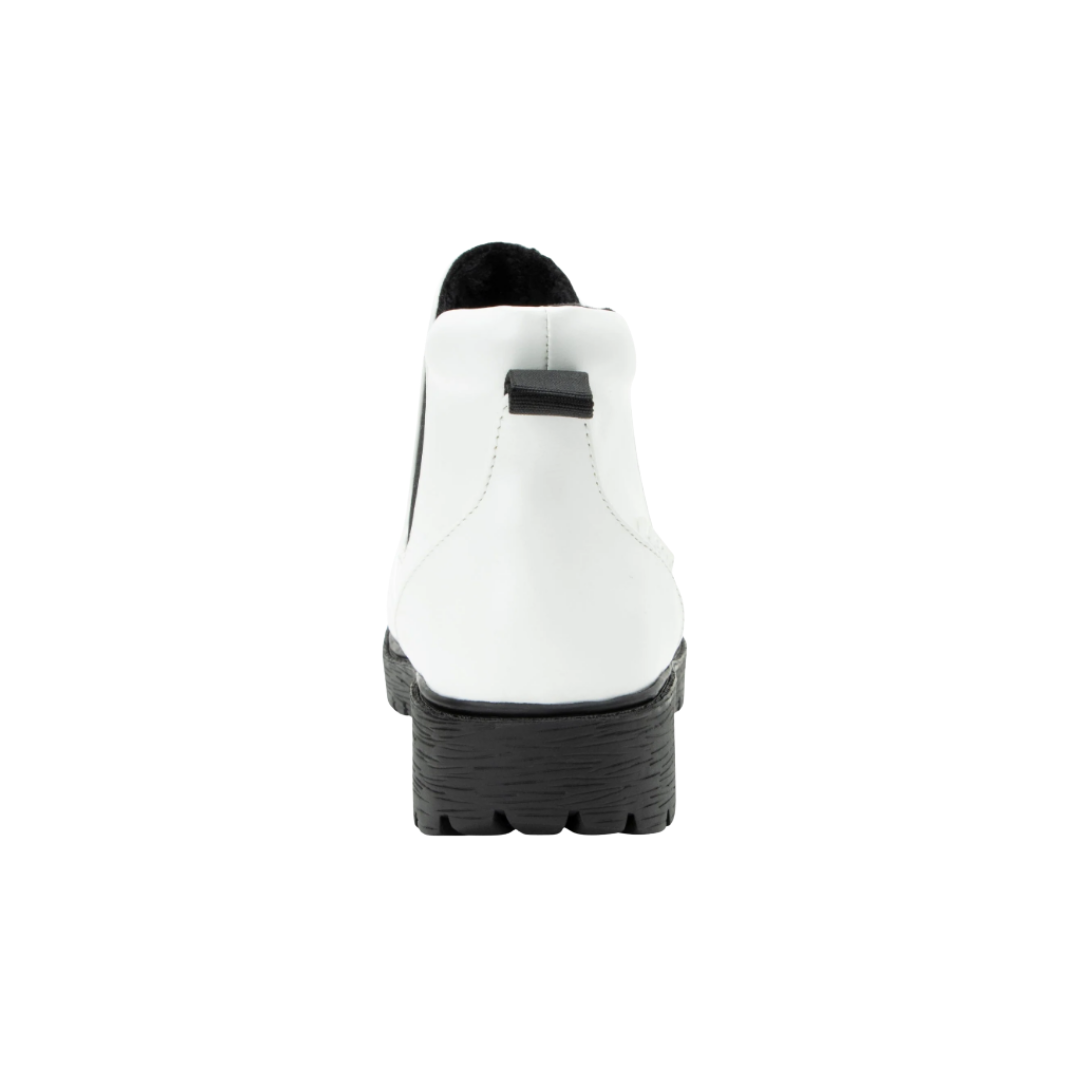 Back View of Women’s Alegria Rowan boot in white – featuring a cushioned removable footbed, supportive heel counter, and slip-resistant outsole for lasting comfort.