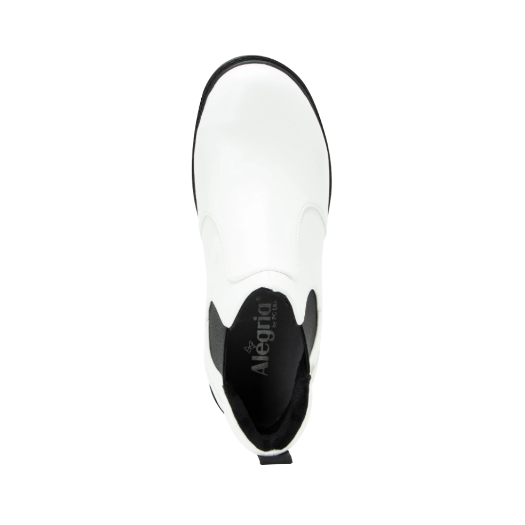 Top View of Women’s Alegria Rowan boot in white – featuring a cushioned removable footbed, smooth leather upper, and rounded toe design for comfortable wear.