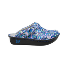 Side View of Women’s Alegria Seville clog in Welcome Back Blotter blue print – featuring a cushioned cork and memory foam footbed, swivel strap with adjustable buckle, and slip-resistant outsole for all-day comfort.