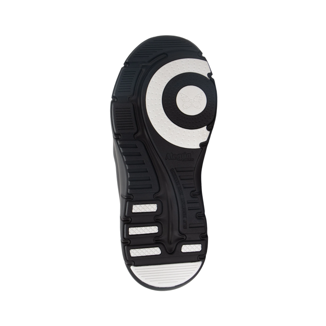 Bottom View of Women’s Alegria Shift Lead shoe in Creature Comfort black – featuring a slip-resistant patterned outsole, durable tread design, and lightweight construction for secure footing.