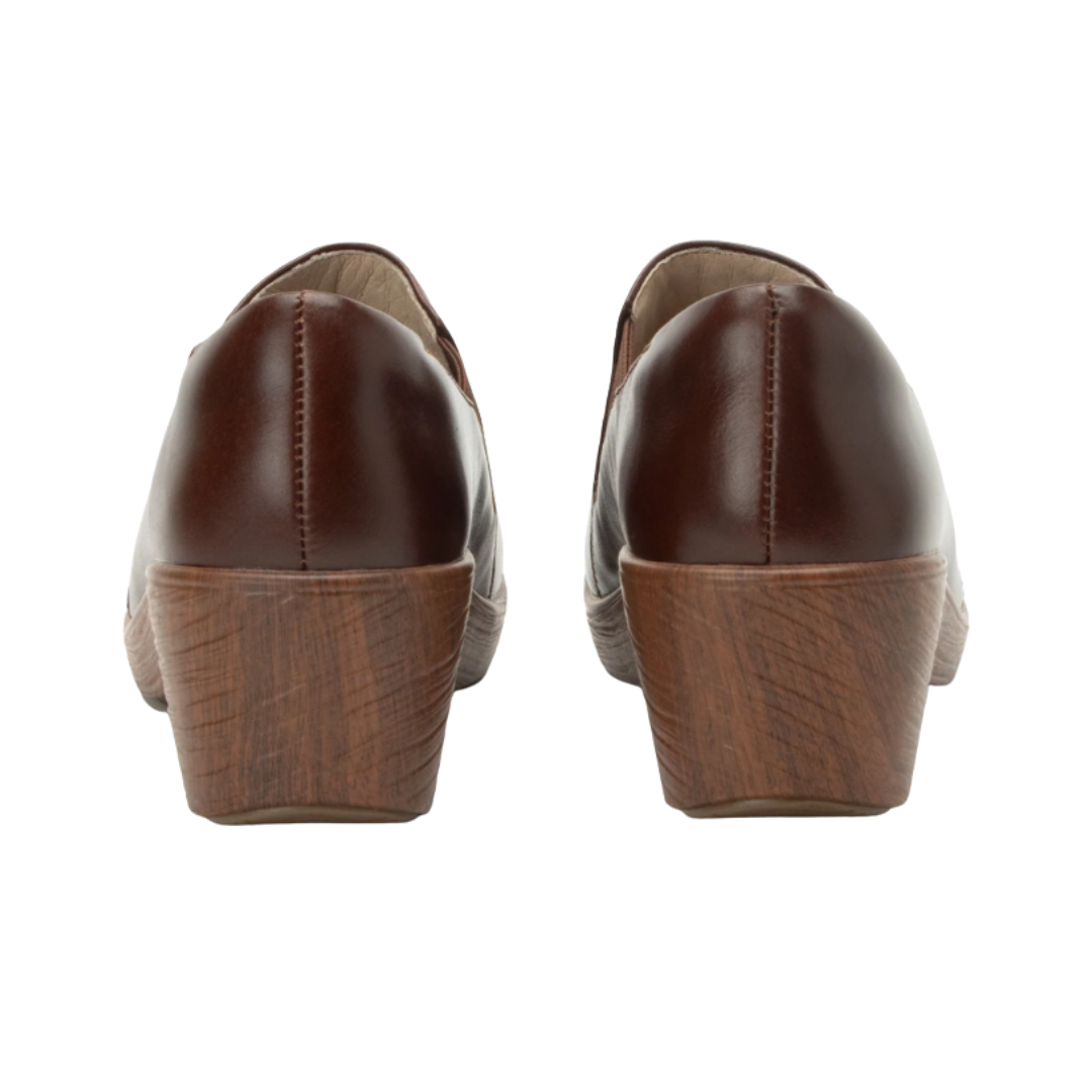 Back View of Women’s Alegria Skylar sandal in mahogany – featuring a cork footbed, supportive heel strap, and slip-resistant outsole for all-day wear.