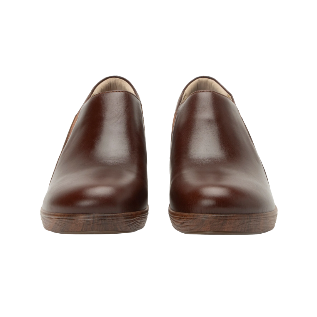 Front View of Women’s Alegria Skylar sandal in mahogany – featuring an open-toe design, adjustable 2-strap closure, and cork footbed with soft cushioning for a secure and comfortable fit.