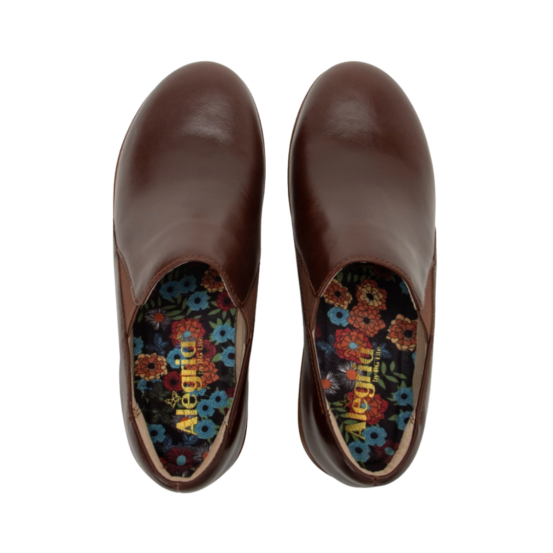 Top View of Women’s Alegria Skylar sandal in mahogany – featuring a cork footbed, adjustable 2-strap design, and soft footbed for extra comfort.