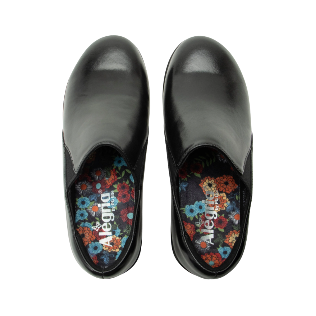 Top View of Women’s Alegria Skylar clog in black – featuring a cork footbed, adjustable 2-strap design, and soft footbed for extra comfort.