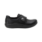Side View of Women’s Alegria Spright sneaker in Black Smooth – featuring a featherlight outsole that minimizes fatigue during long hours of standing or walking, built-in arch support that aligns posture and reduces back strain, and a supportive heel cradle for stability.