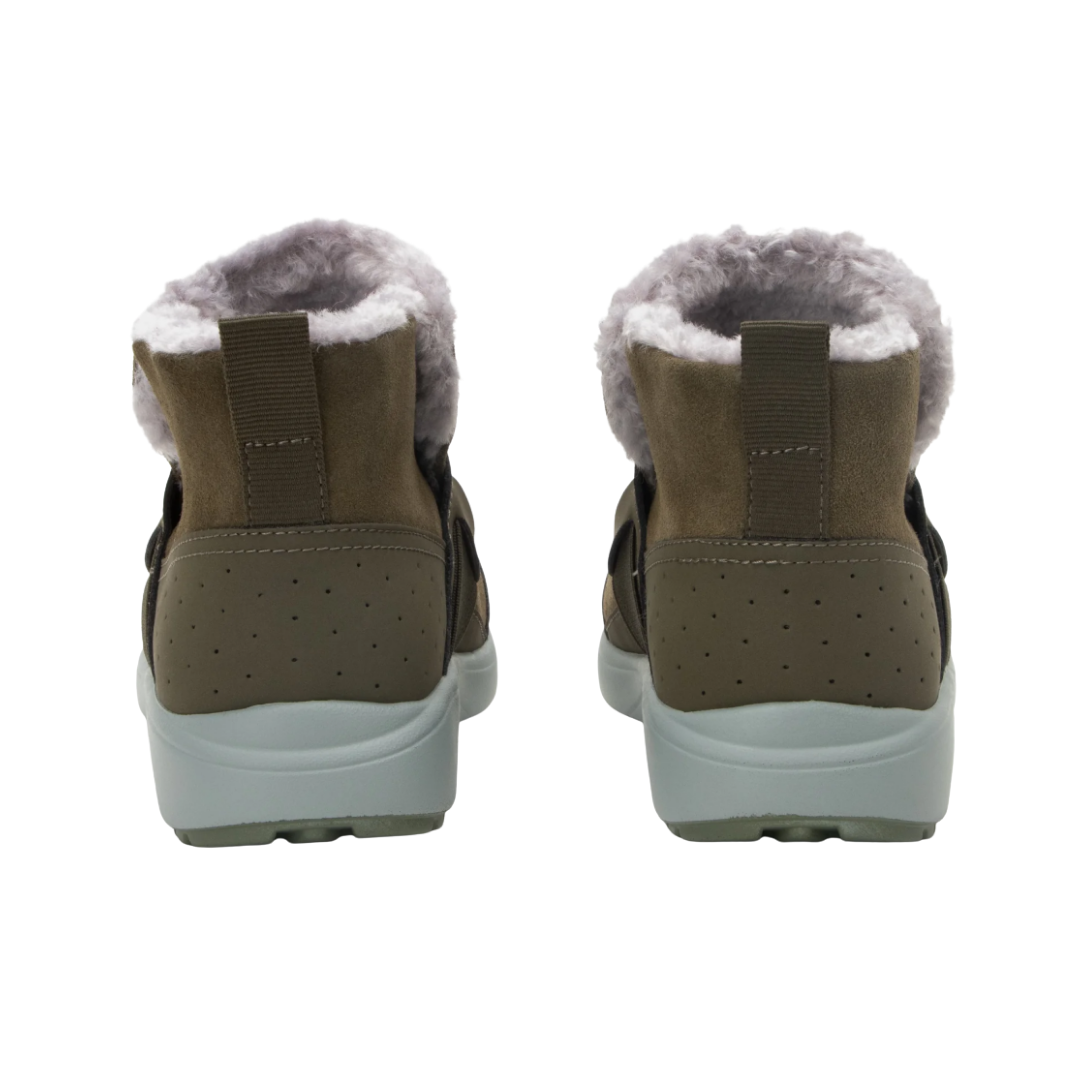 Back View of Women’s Alegria TRAQ Arctiq sneaker in olive – featuring a cushioned removable footbed, supportive heel counter, and slip-resistant outsole for lasting comfort.