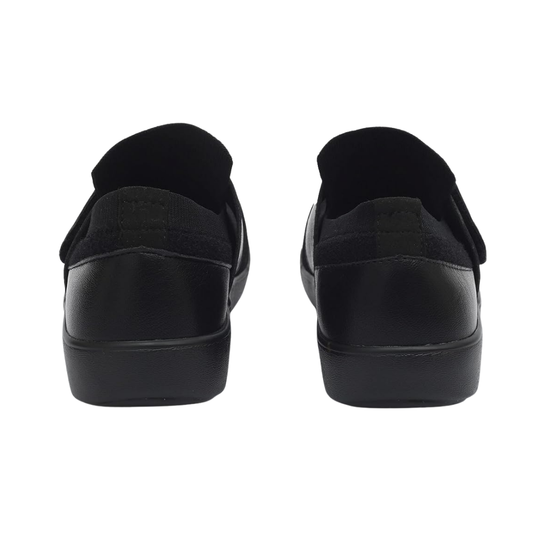 Back View of Women’s Alegria TRAQ Qwik Cozy sneaker in black – featuring a cushioned removable footbed, supportive heel counter, and slip-resistant outsole for lasting comfort.
