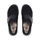 Top View of Women’s Alegria TRAQ Qwik Cozy sneaker in black – featuring a cushioned removable footbed, soft knit upper, and slip-on design for easy wear.